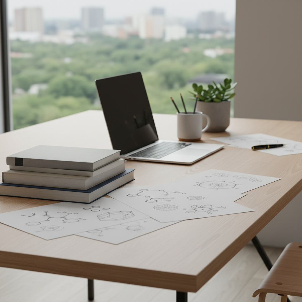 Ein ruhiger Arbeitsplatz mit Büchern und wissenschaftlichen Skizzen
