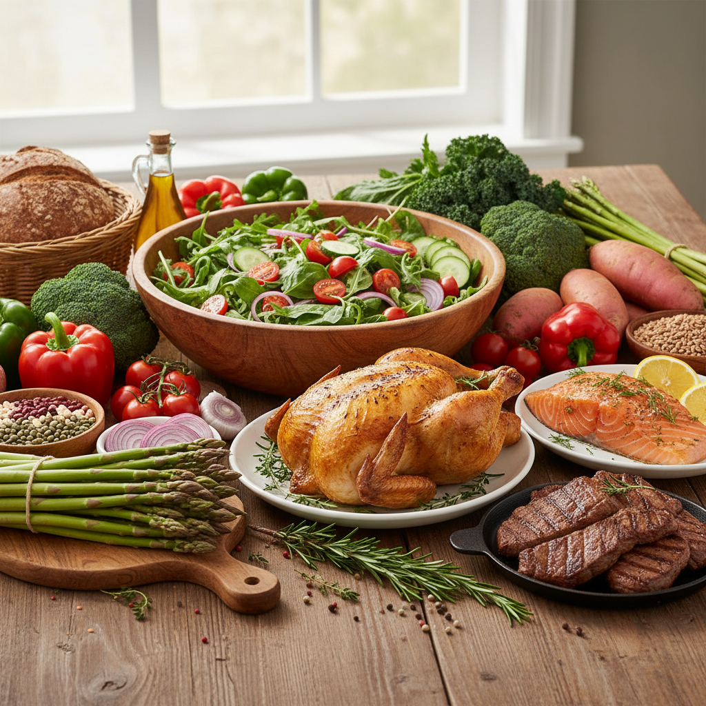 Frisches Gemüse und hochwertige Proteinquellen auf einem Holztisch