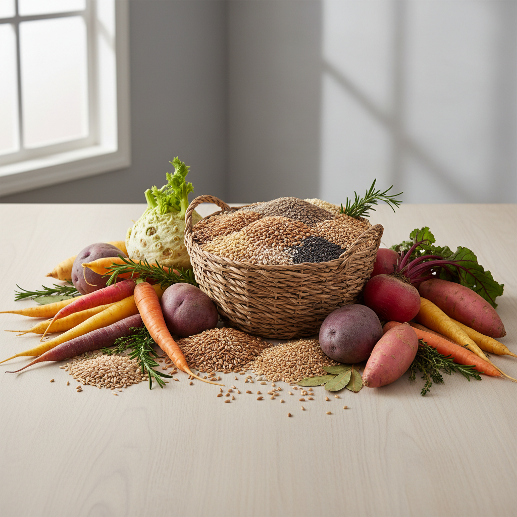 Vollkorngetreide und Wurzelgemüse künstlerisch arrangiert